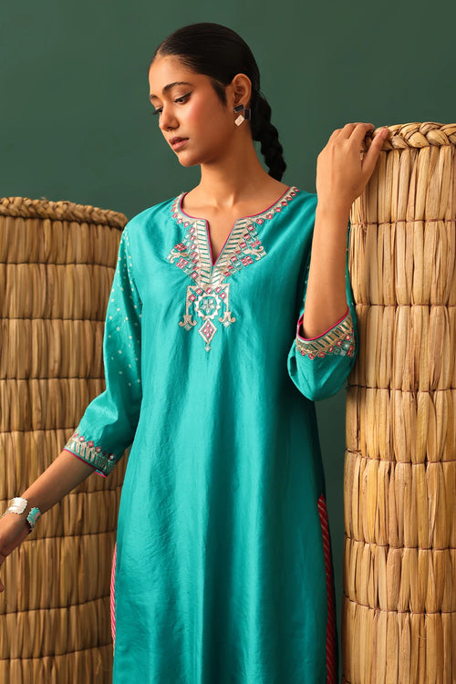 Blue Bandhani Hand Cut Gota Suit Set
