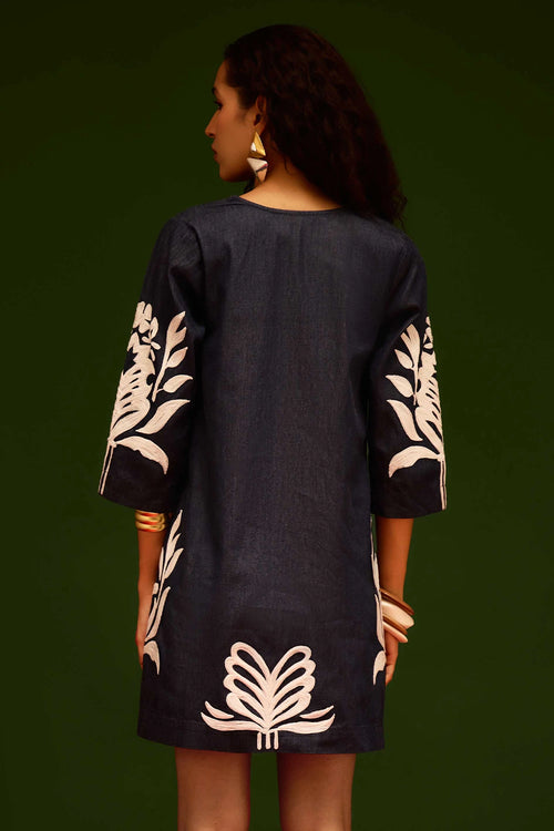 Blue Denim Shift Dress with Ivory Tulip Thread Embroidery