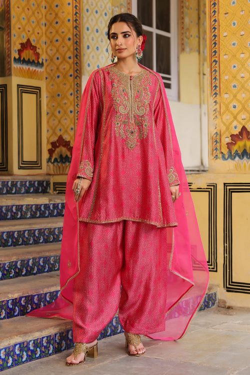 Ahista Pink Printed Pheran Short Kurta Set With Dupatta