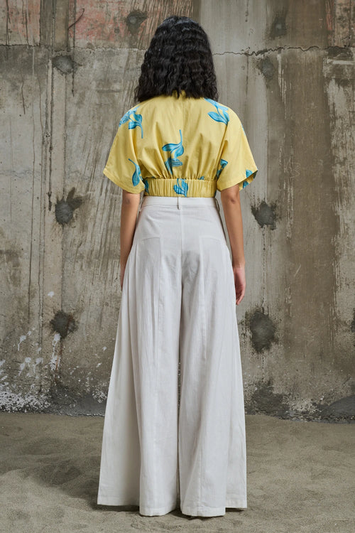 Sunlit Bloom Cropped Top With Pleated Trousers