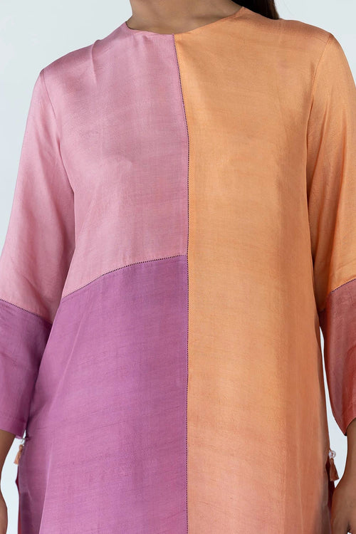 Peach Mauve Ombre Color Block Kurta Set