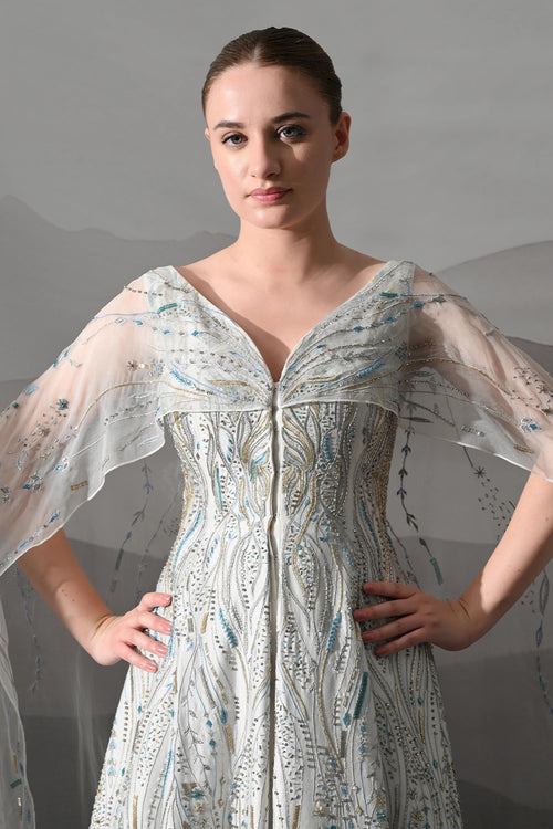 Ivory Sculpted Gown With All-Over Embroidery Handwork
