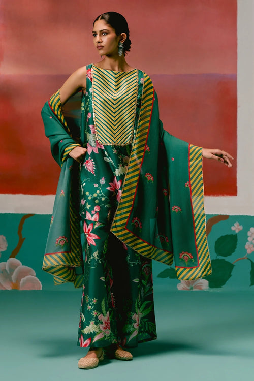 Green Chintz Sleeveless Kurta Set with Dupatta