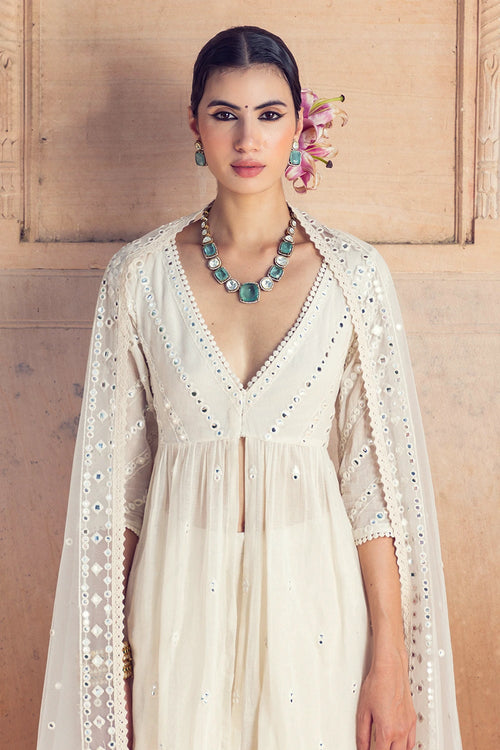 Off White Three Line Embroidered Kurta with Lehenga and Dupatta