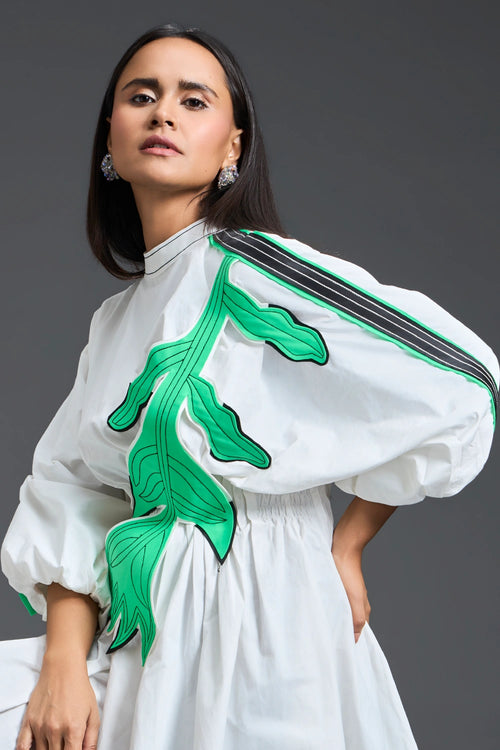 White Neon Patch Gathered Dress