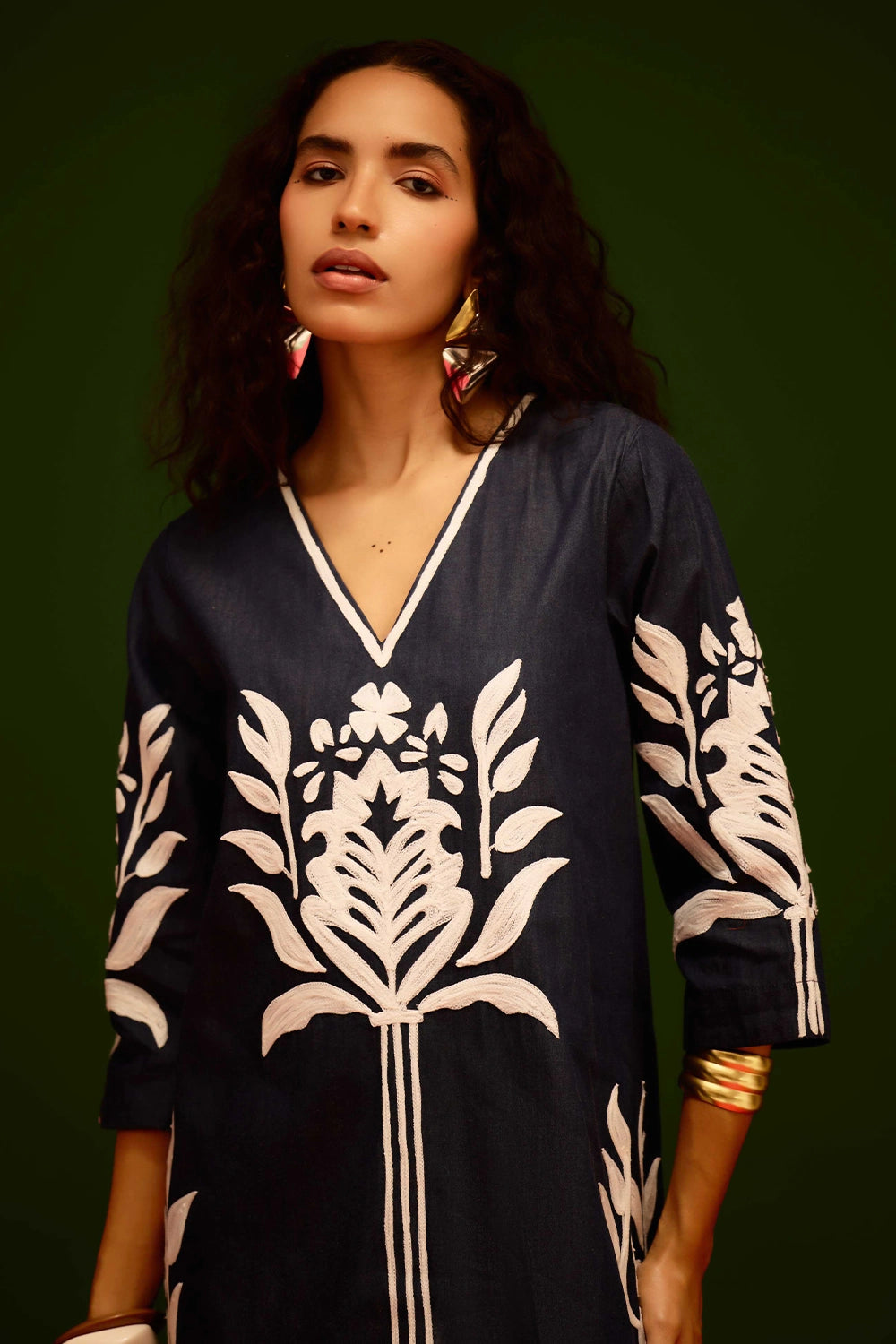 Blue Denim Shift Dress with Ivory Tulip Thread Embroidery