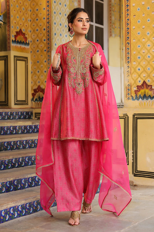 Ahista Pink Printed Pheran Short Kurta Set With Dupatta