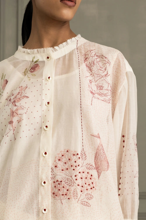 Ivory Embroidered Mul Chanderi Shirt And Linen Pants Set