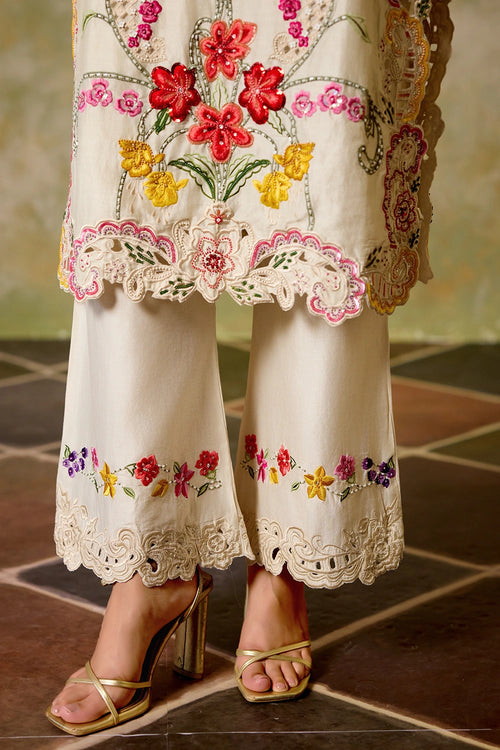Ivory Floral Threadwork and Cutwork Kurta with Pants