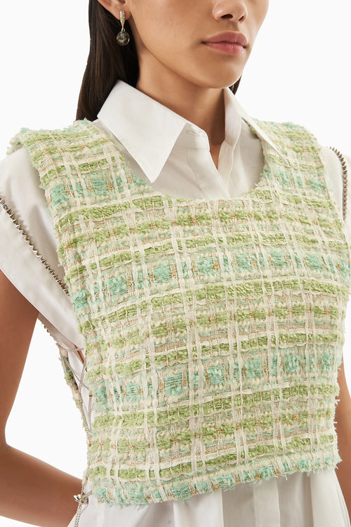 White Cotton Back Pleated Shirt Dress with  Green Kit Bib