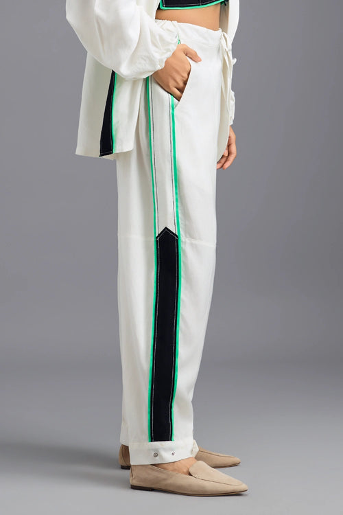 White Tailored Pants with Neon Contrast Side Stripe