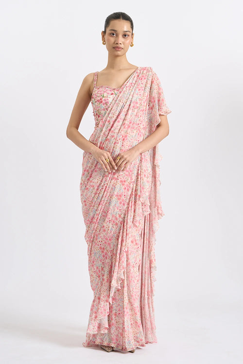 Blush Floral Ruffled Saree Set