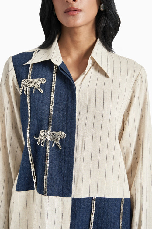 Beige Stripes Herringone Panel Shirt And Pants Set