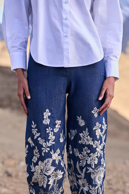 Back Knot Shirt with Denim Embroidered Pant