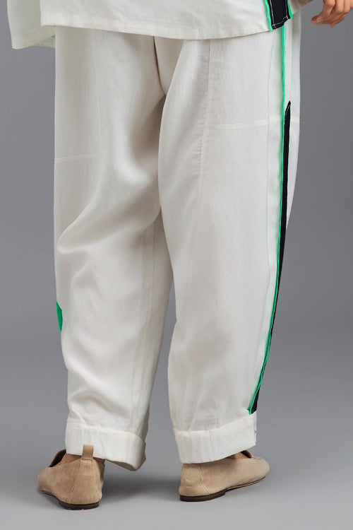 White Tailored Pants with Neon Contrast Side Stripe