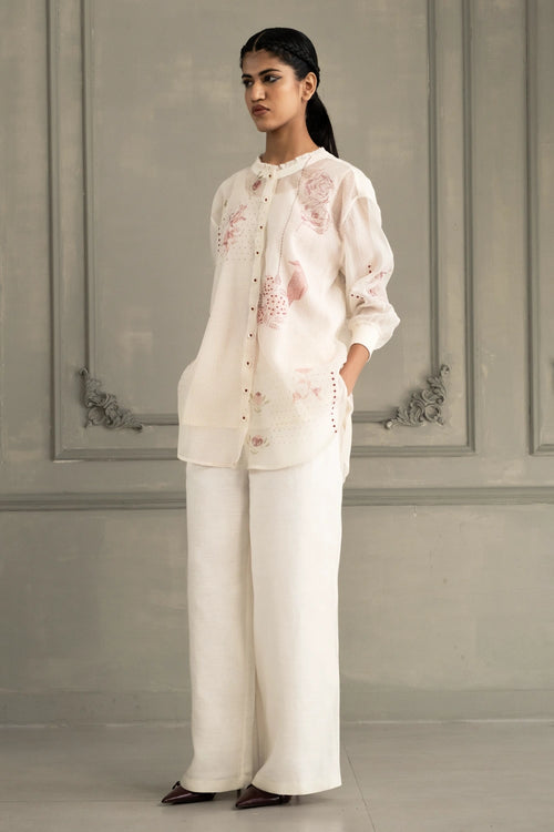 Ivory Embroidered Mul Chanderi Shirt And Linen Pants Set