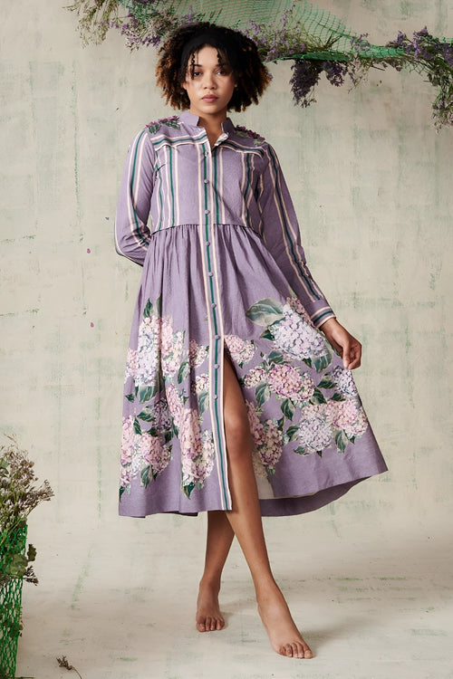Lilac Hydrangea Mandarin Collar Dress