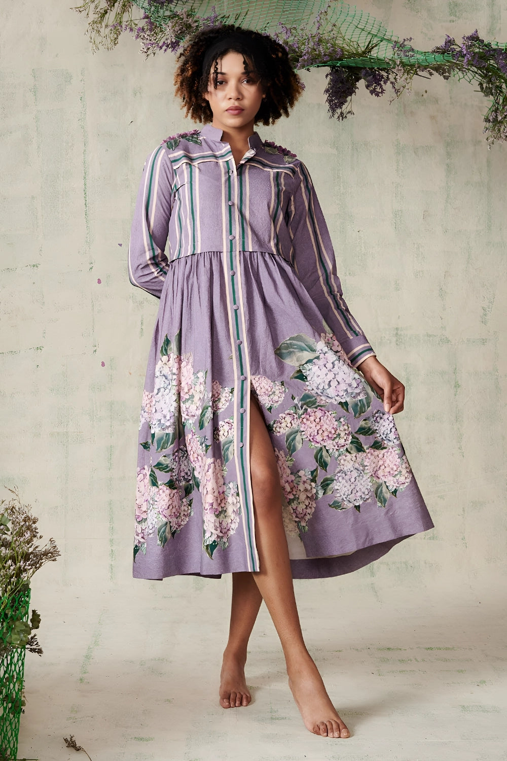 Lilac Hydrangea Mandarin Collar Dress