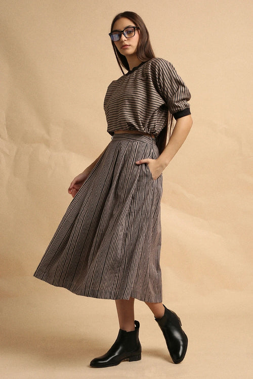 Grey Thin Striped New Sphara Crop Top And Skirt Co-ord Set