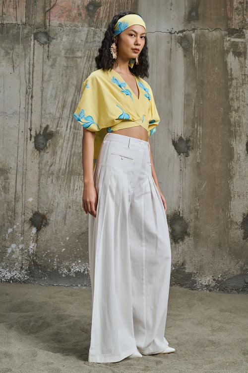 Sunlit Bloom Cropped Top With Pleated Trousers