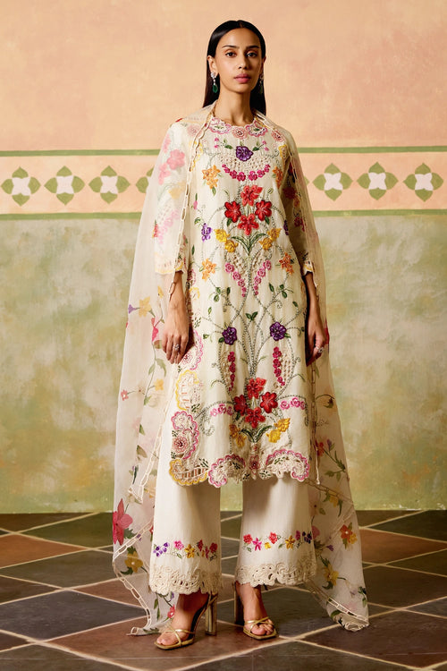 Ivory Floral Threadwork and Cutwork Kurta Set with Dupatta