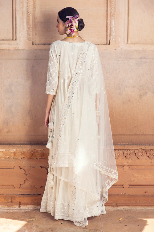 Off White Three Line Embroidered Kurta with Lehenga and Dupatta