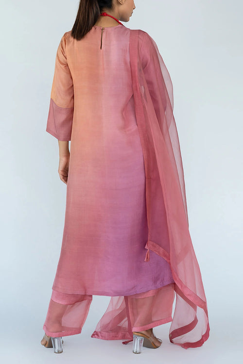 Peach Mauve Ombre Color Block Kurta Set