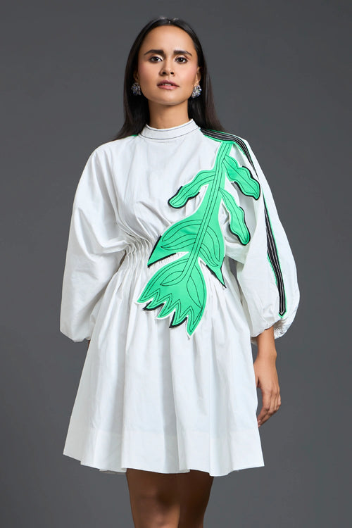 White Neon Patch Gathered Dress