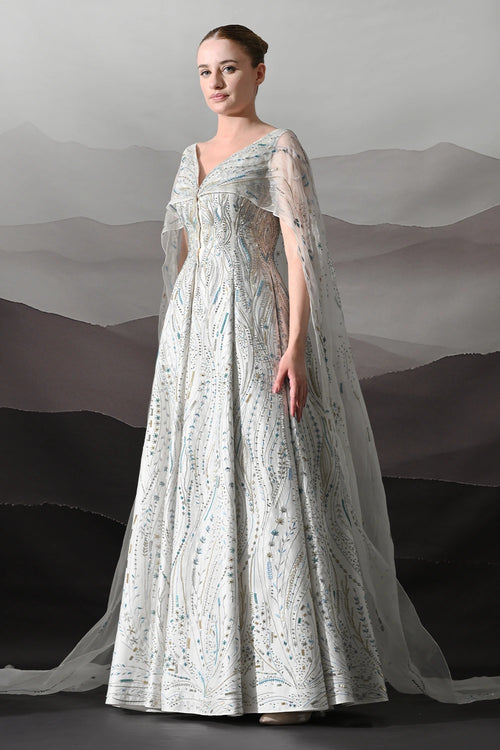 Ivory Sculpted Gown With All-Over Embroidery Handwork
