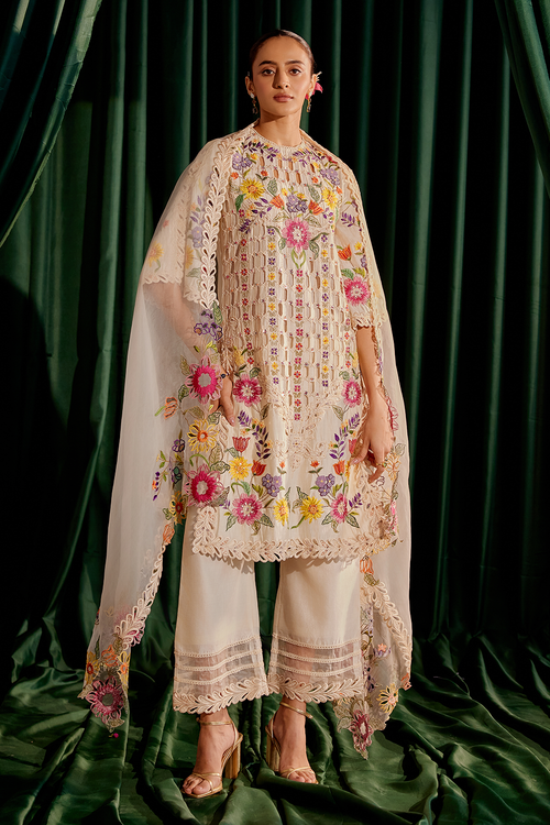 Ivory Floral Work Kurta Set with Dupatta