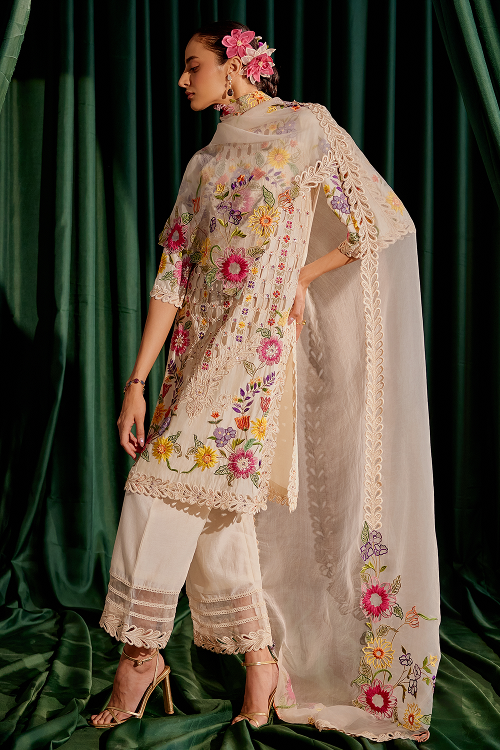 Ivory Floral Work Kurta Set with Dupatta