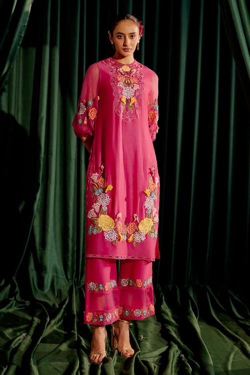 Fuchsia 3D Applique Kurta and Pant