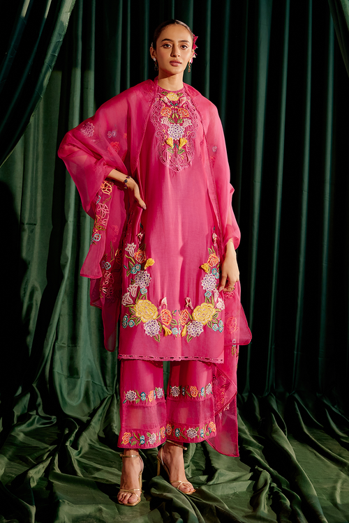 Fuchsia 3D Applique Kurta and Pant with Dupatta
