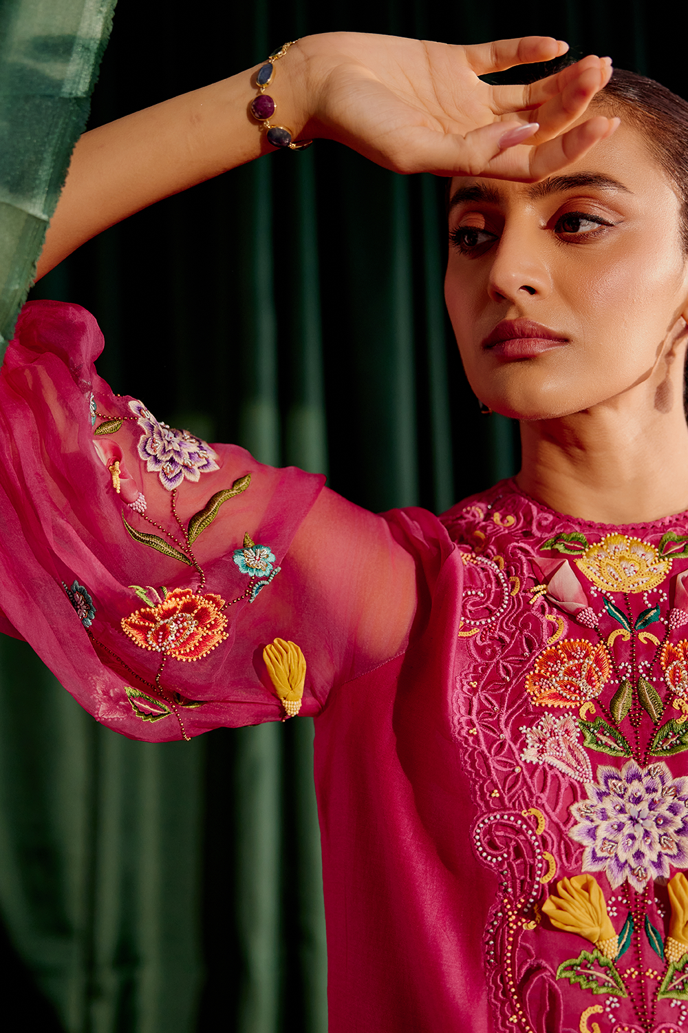 Fuchsia 3D Applique Kurta and Pant with Dupatta