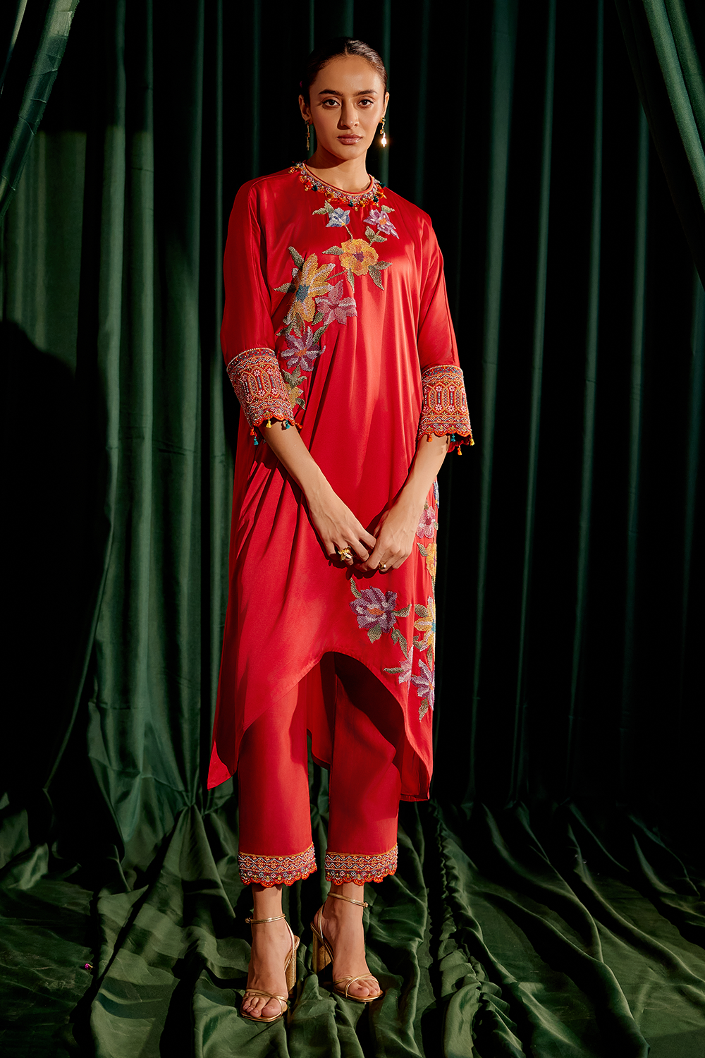 Red Floral Beadwork Kimono Kurta with Narrow Pants