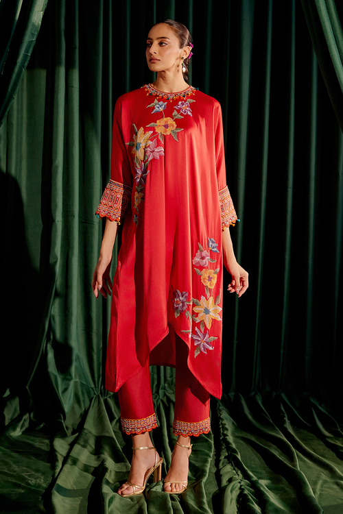 Red Floral Beadwork Kimono Kurta with Narrow Pants