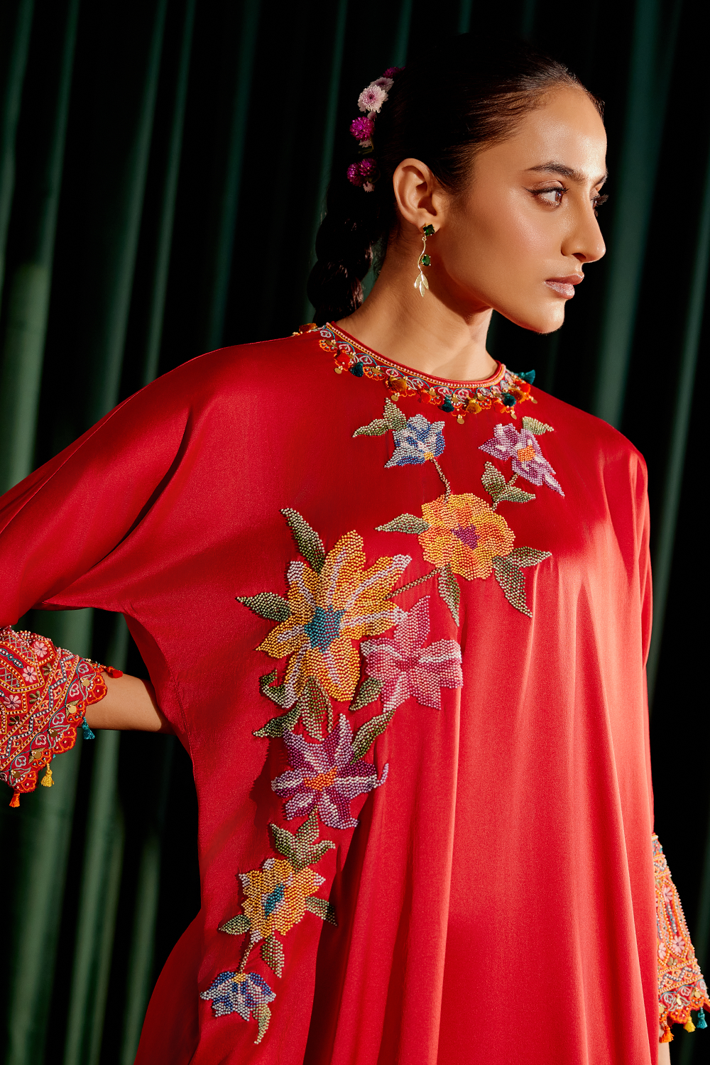 Red Floral Beadwork Kimono Kurta with Narrow Pants