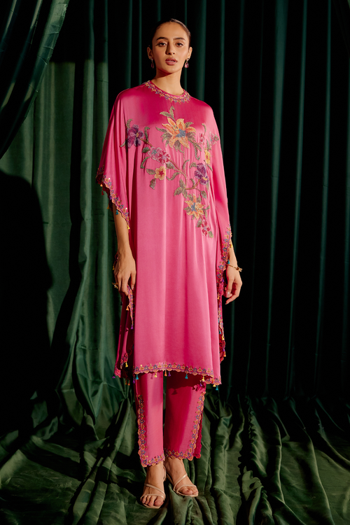 Fuchsia Floral Beadwork Kaftan with Slit Detail Pant