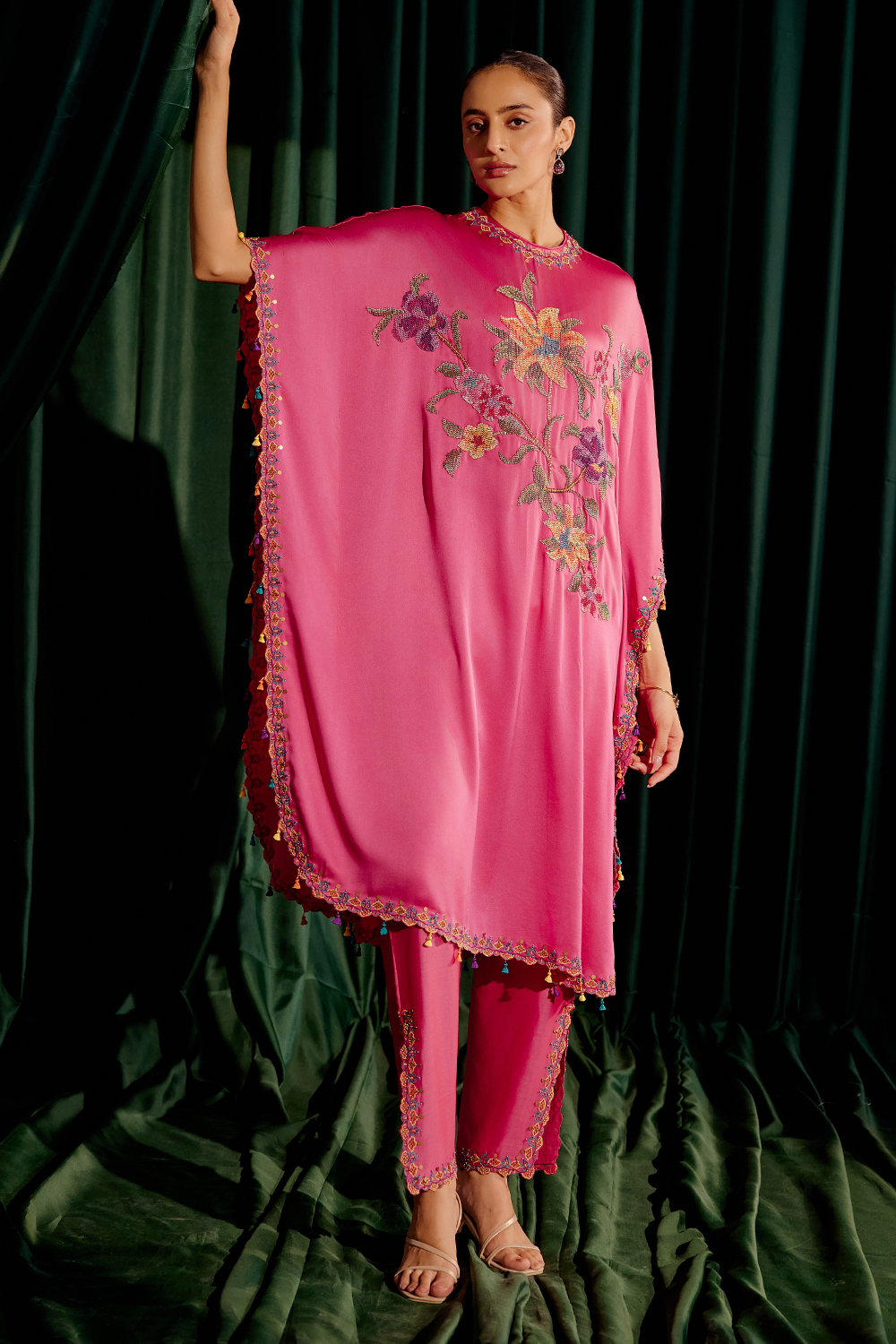 Fuchsia Floral Beadwork Kaftan with Slit Detail Pant