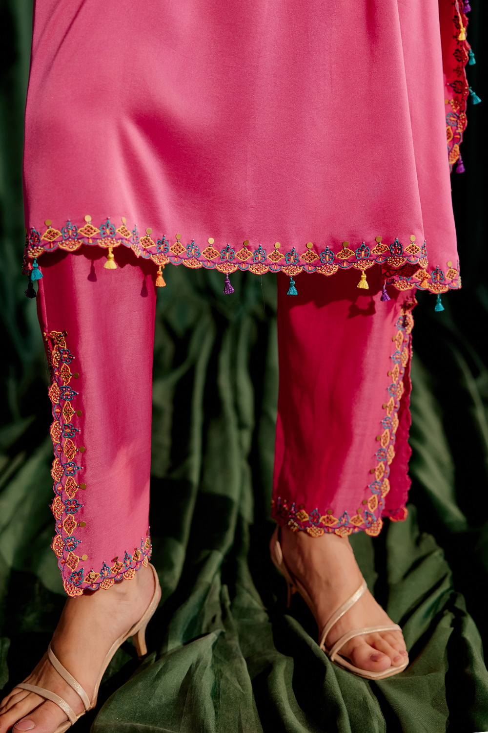 Fuchsia Floral Beadwork Kaftan with Slit Detail Pant