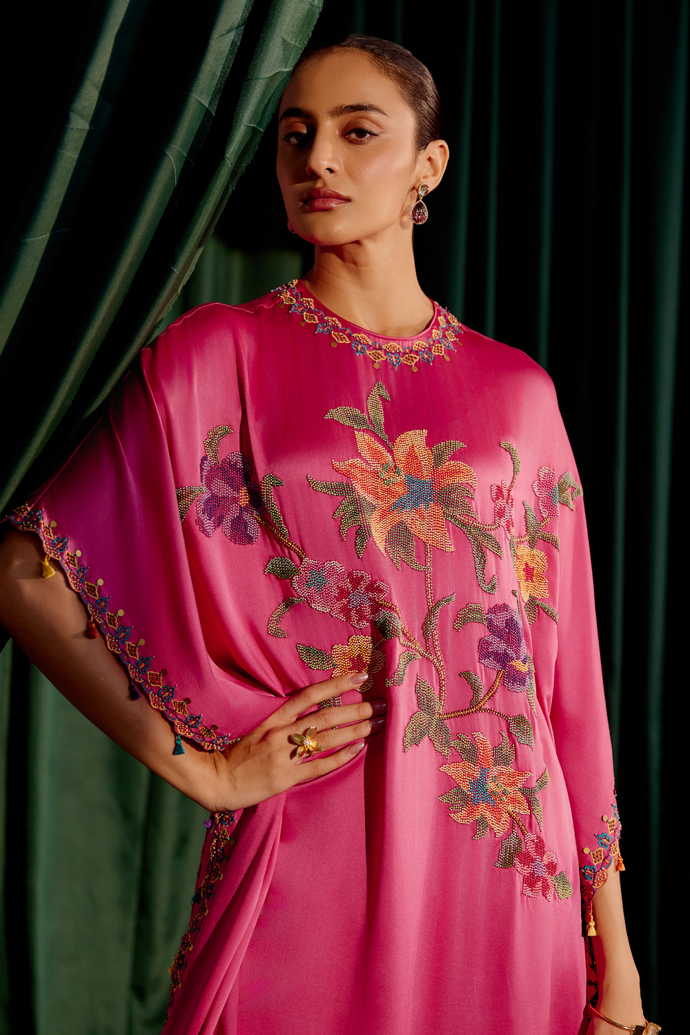 Fuchsia Floral Beadwork Kaftan with Slit Detail Pant