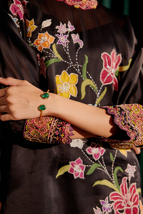 Black Floral Applique Kimono Kurta with Pant
