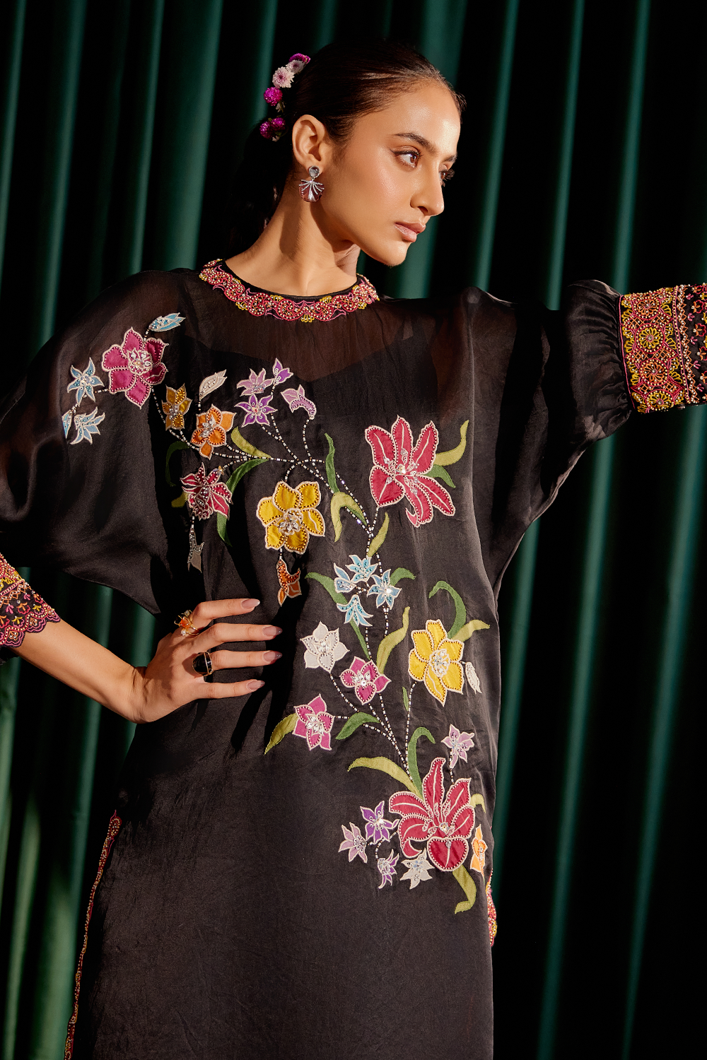 Black Floral Applique Kimono Kurta with Pant