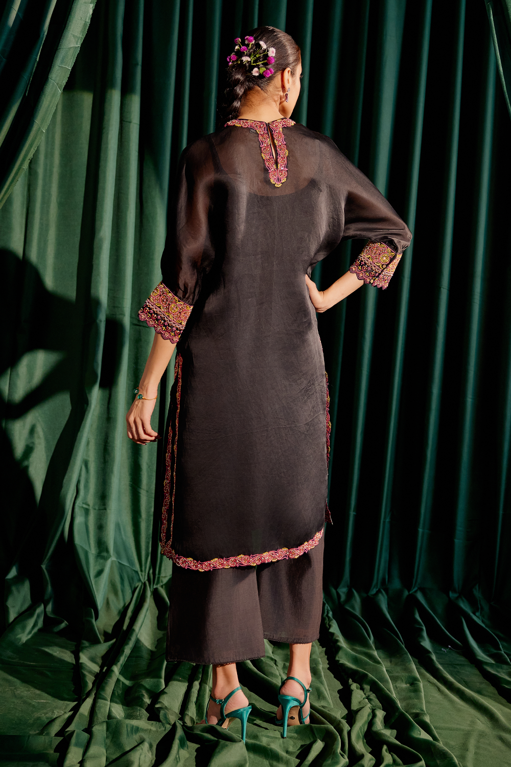 Black Floral Applique Kimono Kurta with Pant