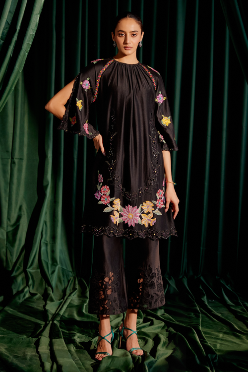 Black Floral Gathered Kurta with Applique Pant