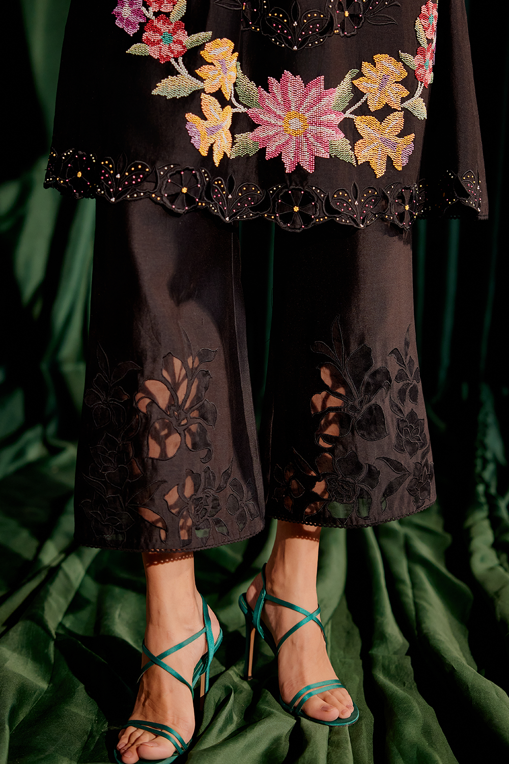 Black Floral Gathered Kurta with Applique Pant