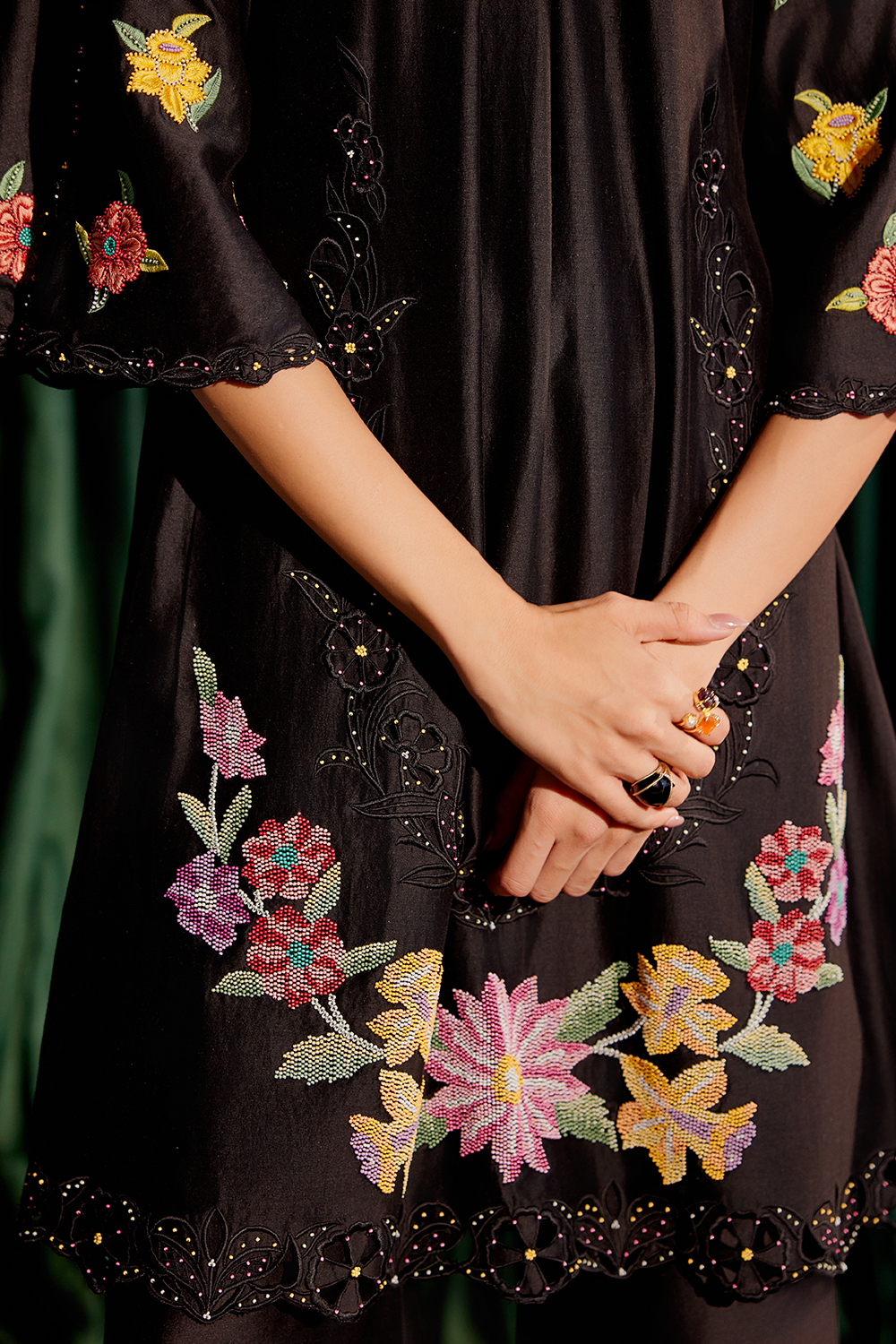 Black Floral Gathered Kurta with Applique Pant