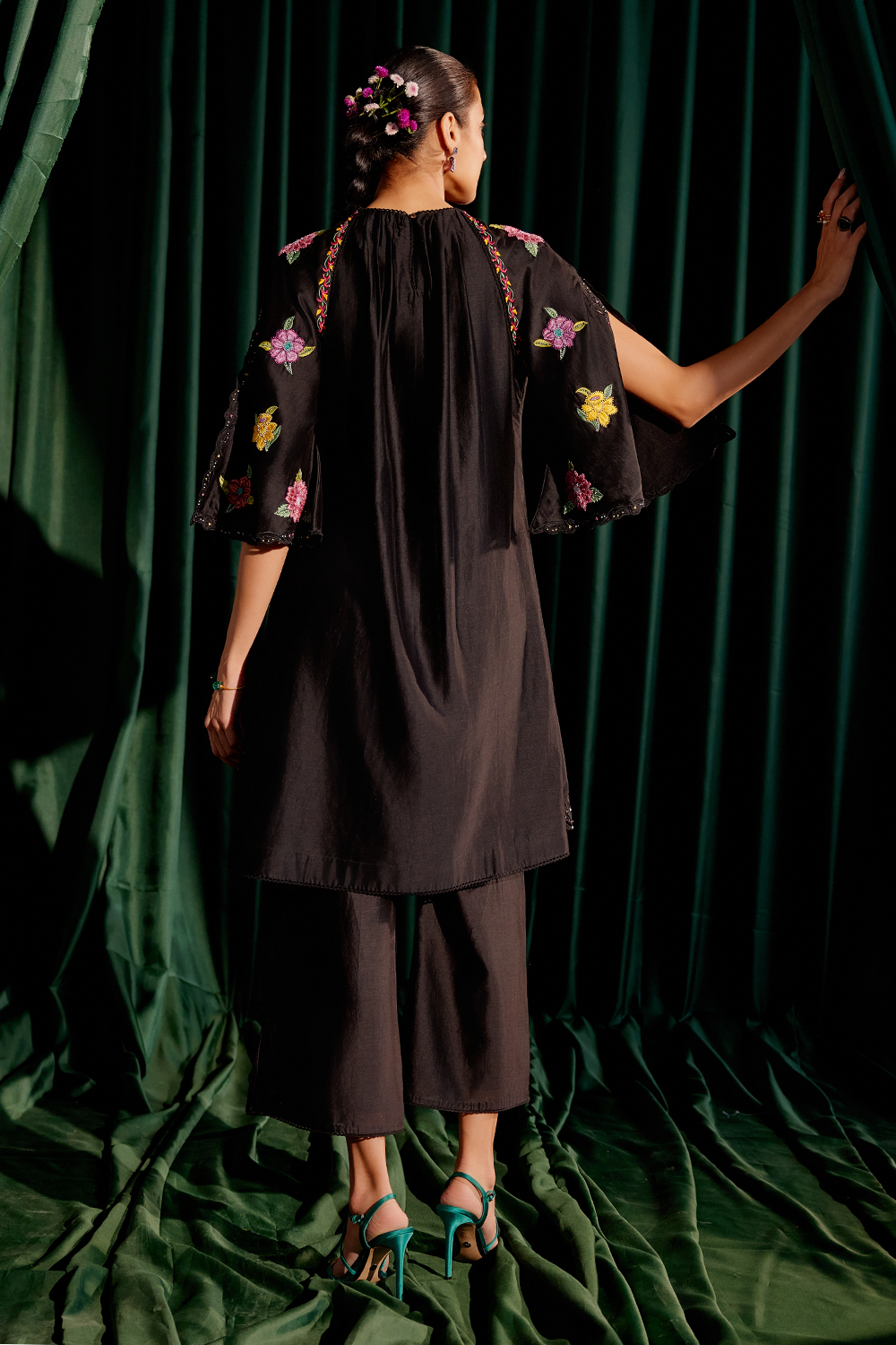 Black Floral Gathered Kurta with Applique Pant