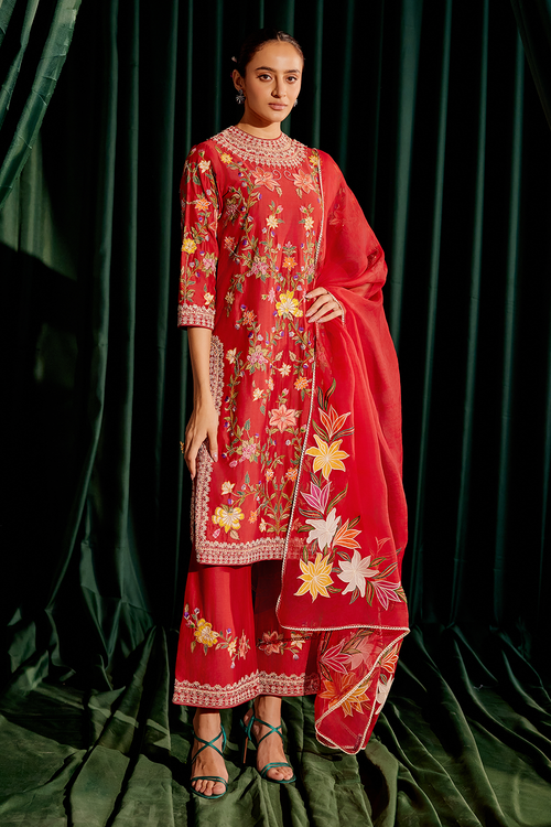 Red Embroidered Multicolor Floral Kurta Set with Dupatta