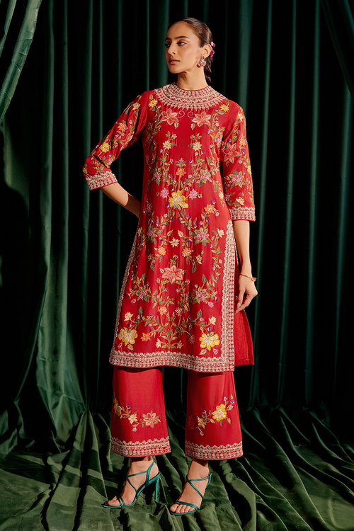 Red Embroidered Multicolor Floral Kurta Set